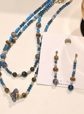 青黛蓝撞色青金碎石串珠项链女独特小众设计锁骨链