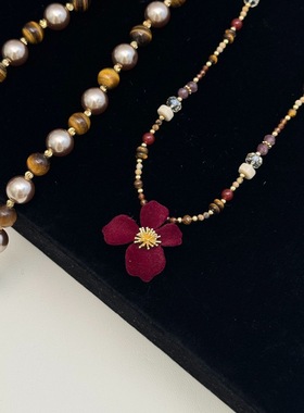 [植绒小花]铜合金布艺项链设计手工串珠复古毛衣链女耳环