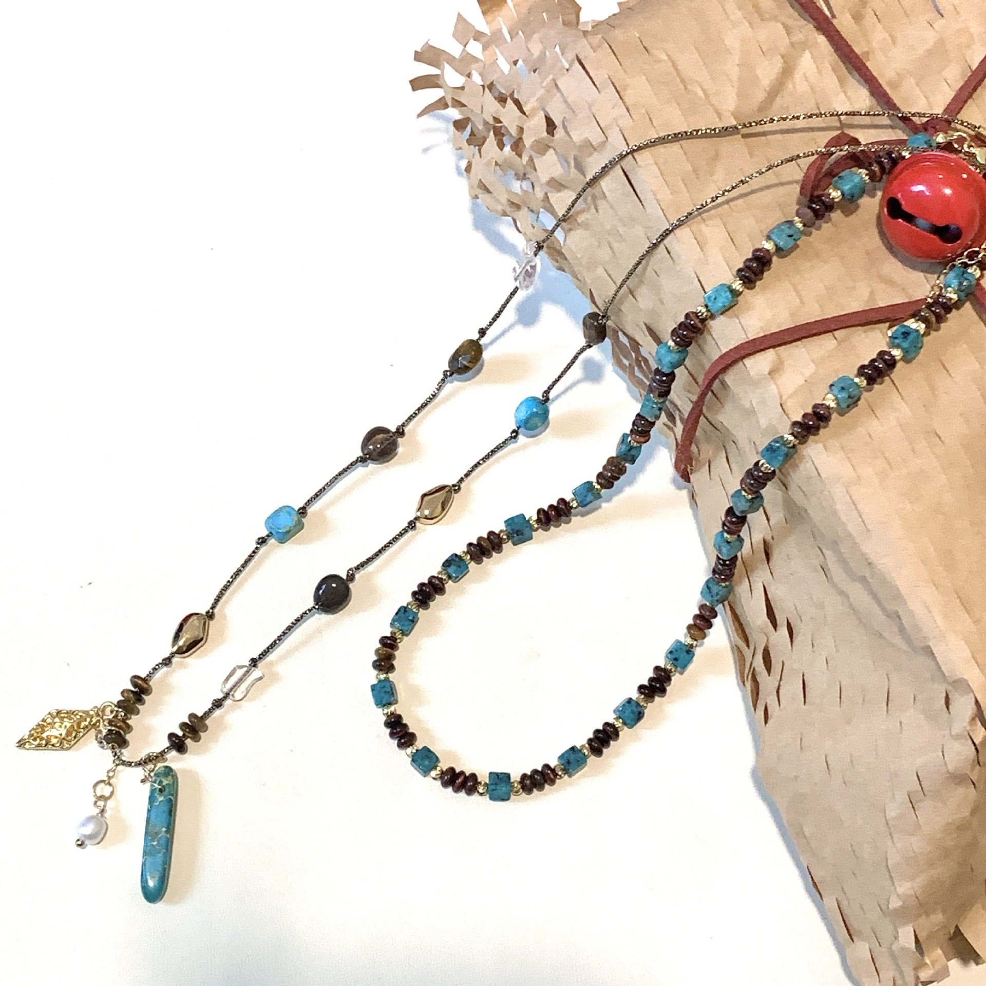 【松林】民族风绿松石吊坠串珠编绳项链女新中式长款毛衣链配饰品