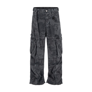 巴黎风格暗夜迷彩定织面料长裤重磅酵洗做旧飘带Cargo直筒工装裤