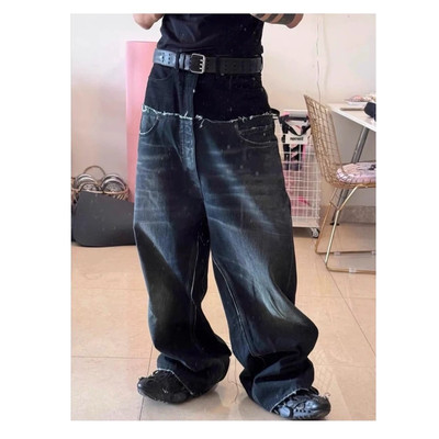 巴黎风格秀款双腰头拼接水洗做旧破坏高街潮牌阔腿baggy牛仔裤男