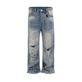 巴黎风格 ins 高街堆积长裤 水洗做旧破洞牛仔裤 vintage猫须刮破美式