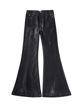 RO风格小众潮牌暗黑高街涂层纯黑色高弹飘带牛仔裤阔腿微喇叭裤男