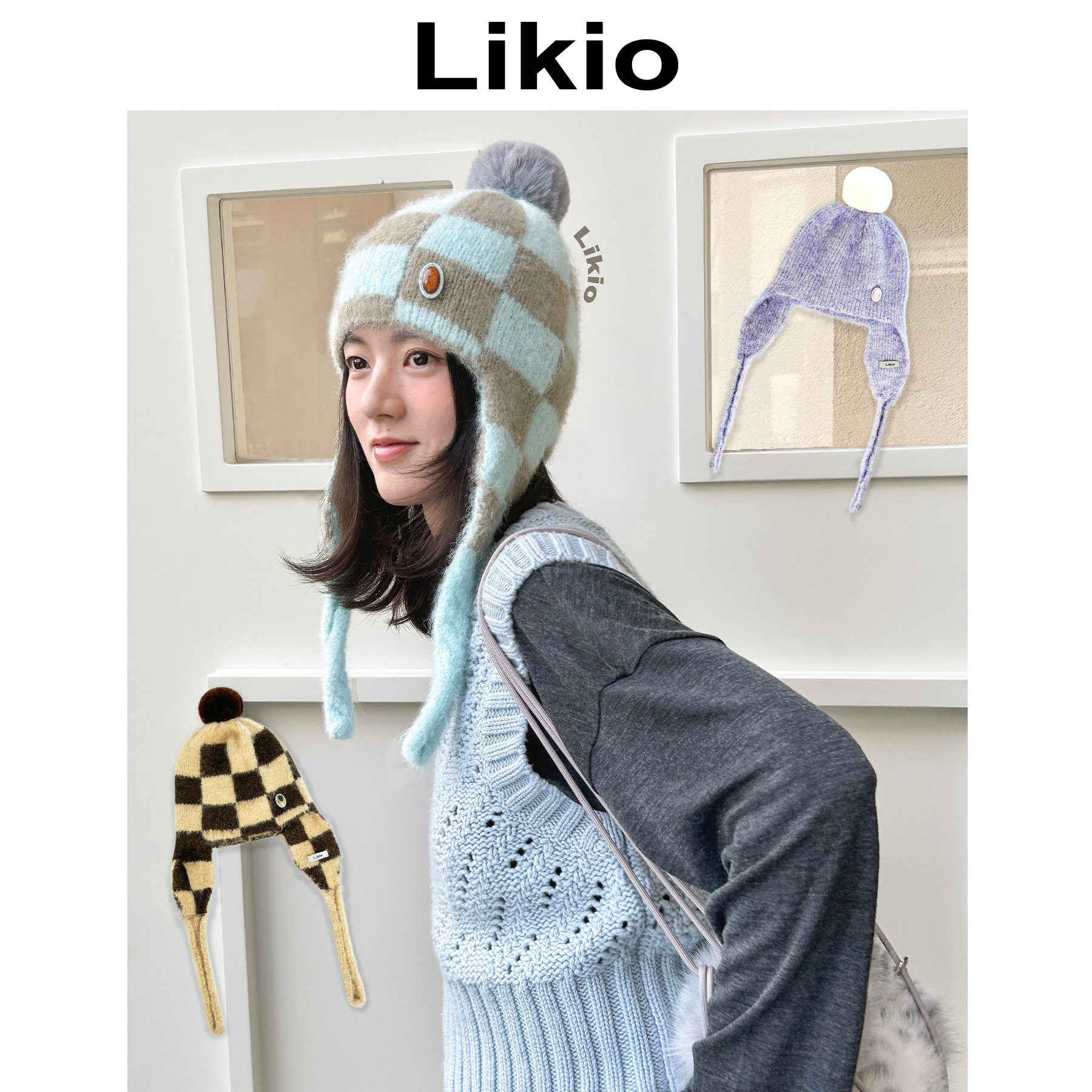 Likio 雪球护耳针织帽、宝石多彩绒绒针织冷帽