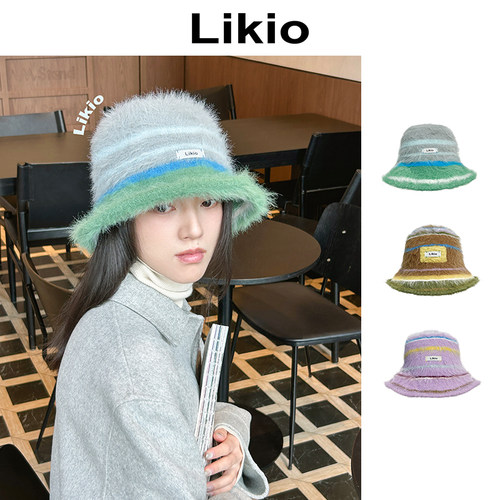 Likio 彩色油画绒绒条纹帽