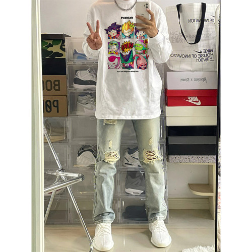 欧美式休闲风纯棉长袖t恤男260g秋冬重磅圆领宽松上衣ins潮牌百搭