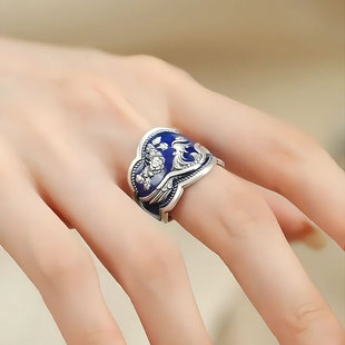 925银烧蓝牡丹凤凰戒指女复古国风小众精致轻奢气质百搭中式指环