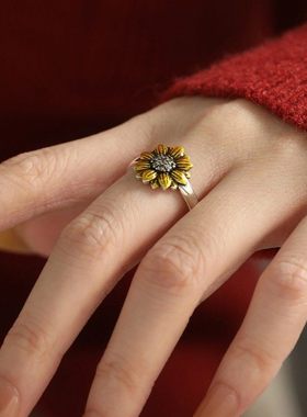 925银复古菊花高级感中式戒指女