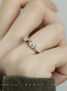 925银复古描金法棍心经开口戒指