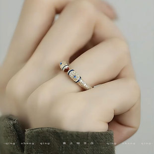 925银描金法棍心经开口戒指女小众设计民族风重工雕刻指环礼物