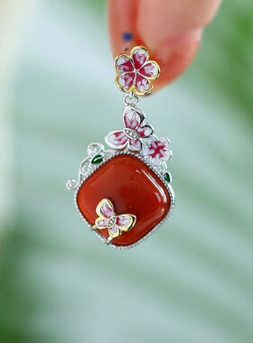 925银民族风方块蝴蝶玛瑙吊坠女