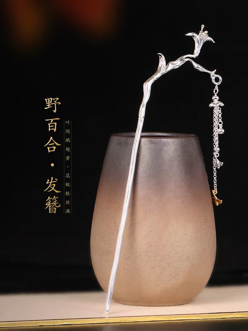 百合花s925银古风女步摇流苏发簪