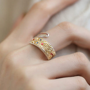 952银描金祥龙珐琅戒指女新中式高级感小众国风气质百搭指环礼物