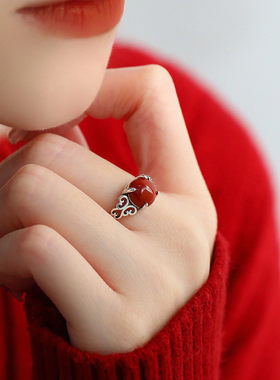 925银国风祥云玛瑙镂空气质戒指