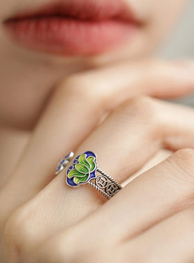 925银复古莲花如意珐琅小众戒指