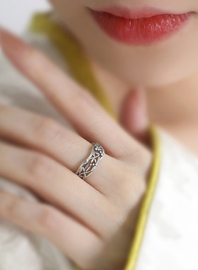 925银中国风镂空小花叶子戒指女