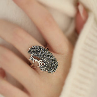 复古925银孔雀开屏戒指中国风民族气质时尚小众典雅气质指环礼物