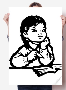 女孩书笔桌子黑色速写插画海报贴纸80x55cm墙贴纸卧室家居装饰