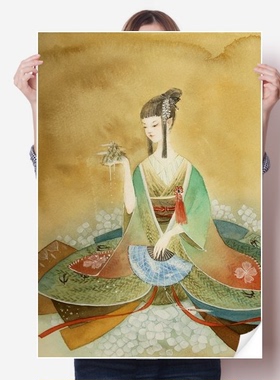 掌上山水中国古风插画海报贴纸80x55cm墙贴纸卧室家居装饰