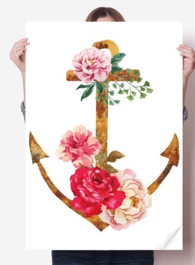 水彩玫瑰船锚花卉植物海报贴纸80x55cm墙贴纸卧室家居装饰