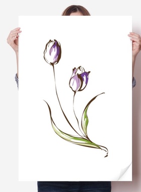 紫色郁金香绿叶植物花卉海报贴纸80x55cm墙贴纸卧室家居装饰