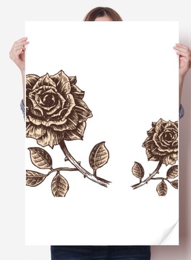 复古玫瑰棕色花卉植物海报贴纸80x55cm墙贴纸卧室家居装饰