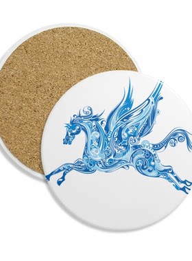 蓝色翅膀马动物艺术纹理插画图案圆形杯垫水杯隔热垫2片装茶道