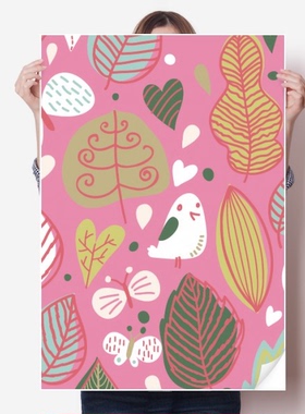 粉叶子植物手绘花卉画海报贴纸80x55cm墙贴纸卧室家居装饰