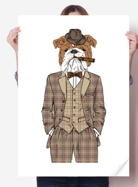 穿衣服的小狗水彩插画海报贴纸80x55cm墙贴纸卧室家居装饰