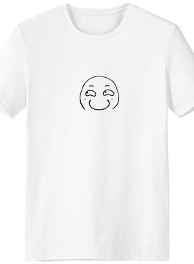 斜视痴笑黑色聊天表情纹样男女白色短袖T恤创意纪念衫个性T恤衫