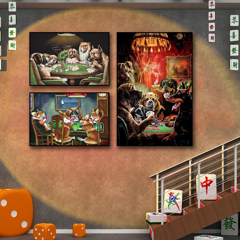 创意动物棋牌室装饰画个性搞怪小狗麻将馆麻雀房赌场休闲会所挂画图片