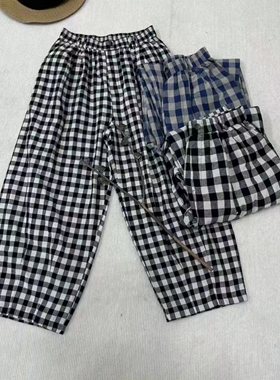 SUME素米秋款上新麻棉黑白格子裤女对格格纹哈伦松紧腰显瘦休闲裤