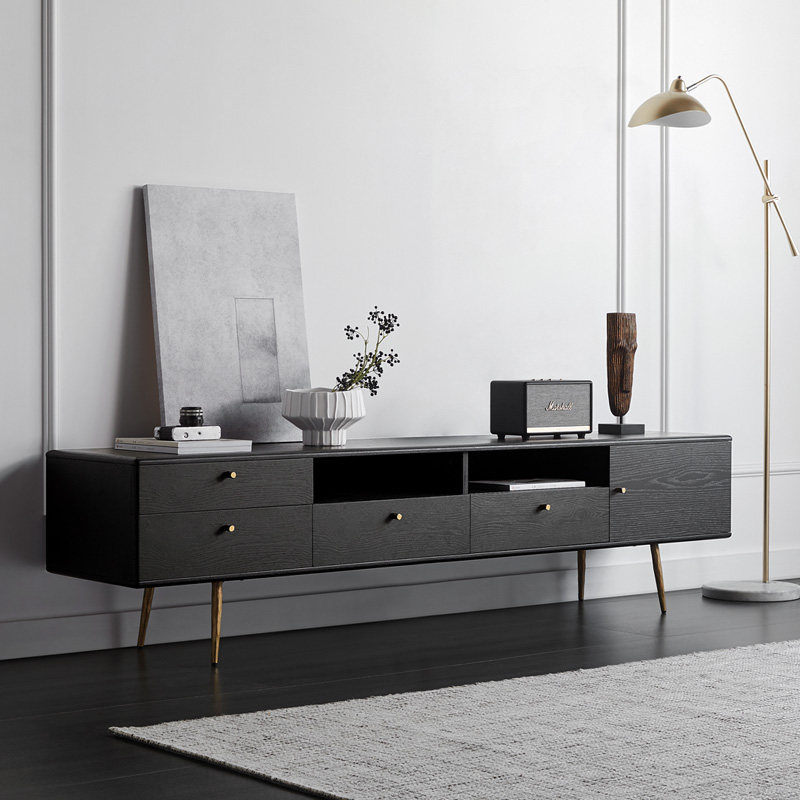 北欧现代简约轻奢橡木黑色电视柜 客厅小户型收纳储物实木矮地柜