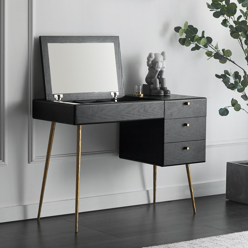 北欧实木翻盖梳妆台化妆桌子 现代简约卧室复古轻奢黑色化妆台