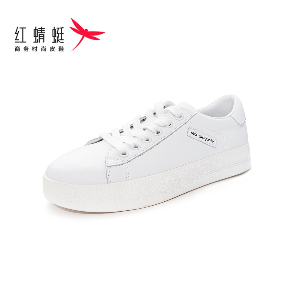 红蜻蜓女鞋小白鞋春秋新款牛皮休闲平跟浅口时尚百搭软底透气运动