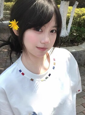 美式高街彩色刺绣正肩t恤女夏季白色短袖宽松学院风情侣纯棉上衣