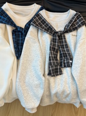 KFCAG 美式格子拼接披肩学院连帽卫衣女春季款宽松设计感套头帽衫