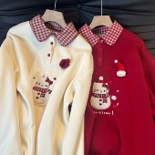 圣诞小雪人刺绣假两件卫衣女2025秋冬新款 加绒宽松休闲polo领上衣