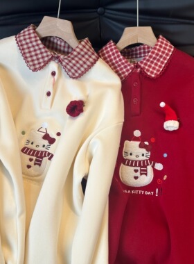 圣诞小雪人刺绣假两件卫衣女2025秋冬新款加绒宽松休闲polo领上衣