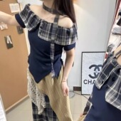 波西米亚民族一字肩格子飘带上衣半身裙长裙套装 韩版 新款 2025夏季