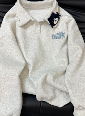 韩系慵懒风刺绣牛奶猫翻领卫衣女春秋冬高级感宽松休闲长袖上衣潮