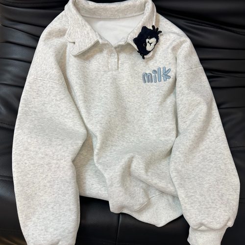 韩系慵懒风刺绣牛奶猫翻领卫衣