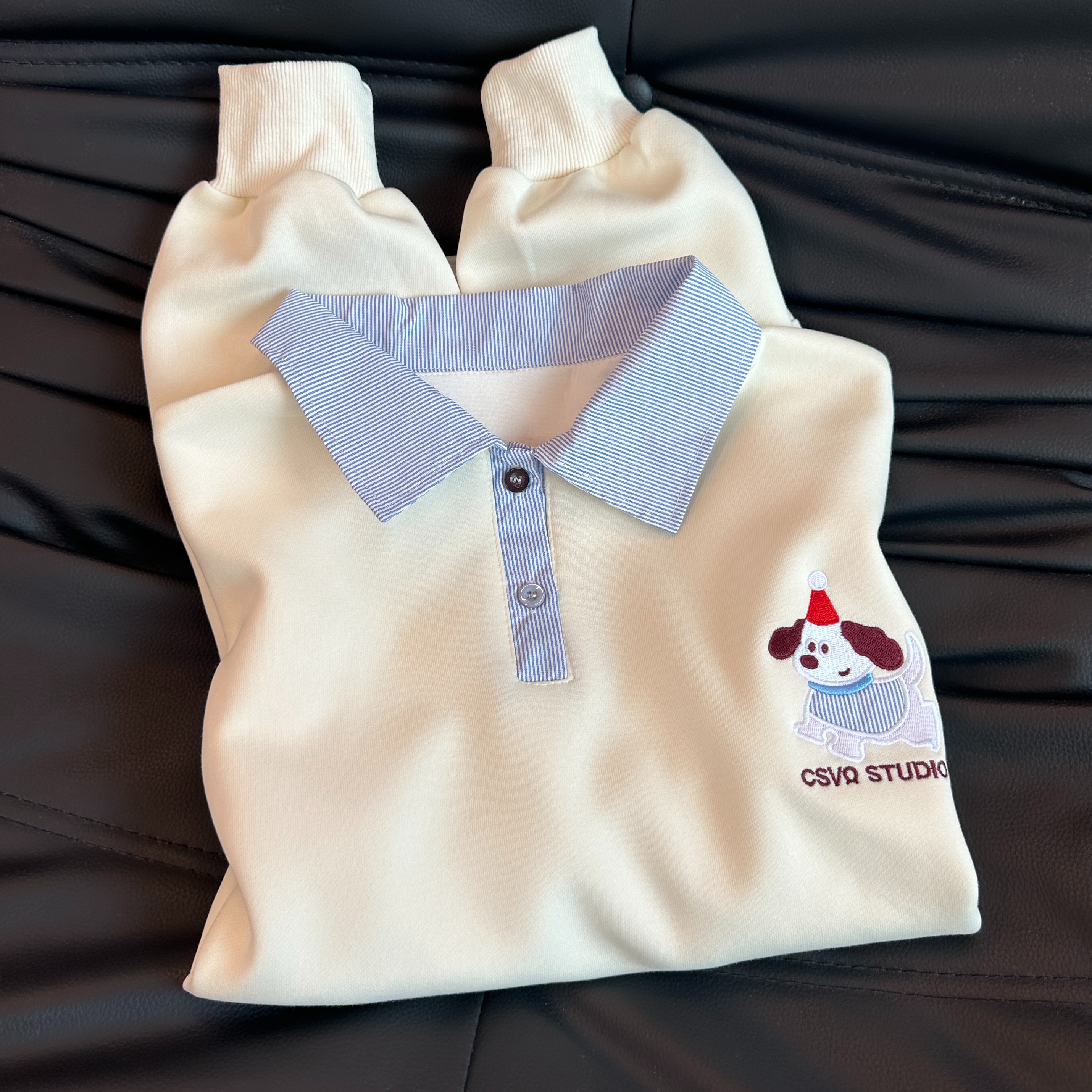 2025早秋奶呼呼杏色假两件狗狗刺绣polo领卫衣女小众纯棉宽松上衣