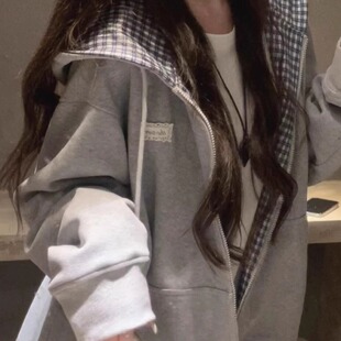 法式气质拼接格子口袋长袖连帽卫衣女春秋高级感百搭原宿风外套潮