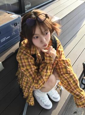 美式复古黄色格子衬衫外套女早春装2024新款独特别致上衣衬衣春秋