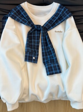 美式格子拼接披肩连帽卫衣男女春秋oversize重磅高街帽衫外套潮牌