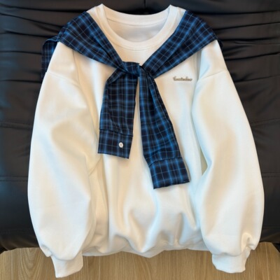 美式格子拼接披肩连帽卫衣男女春秋oversize重磅高街帽衫外套潮牌