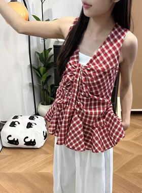 复古港风红色格子V领吊带背心女装夏季小众减龄百搭显瘦无袖上衣