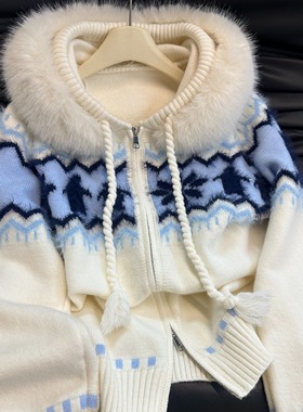 大毛领费尔岛毛衣外套女秋冬宽松复古慵懒风长袖抽绳连帽针织开衫