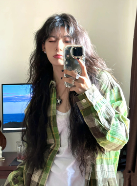 KFCAG 美式复古格子衬衫男女长袖春季新款绿色衬衣女潮牌休闲外套